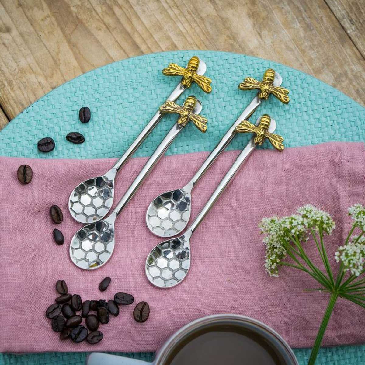 Set of Four Bee Honeycomb Coffee Spoons