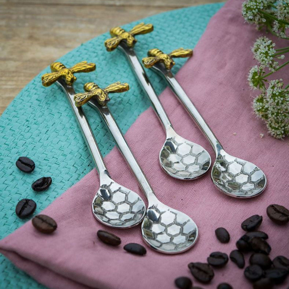 Set of Four Bee Honeycomb Coffee Spoons