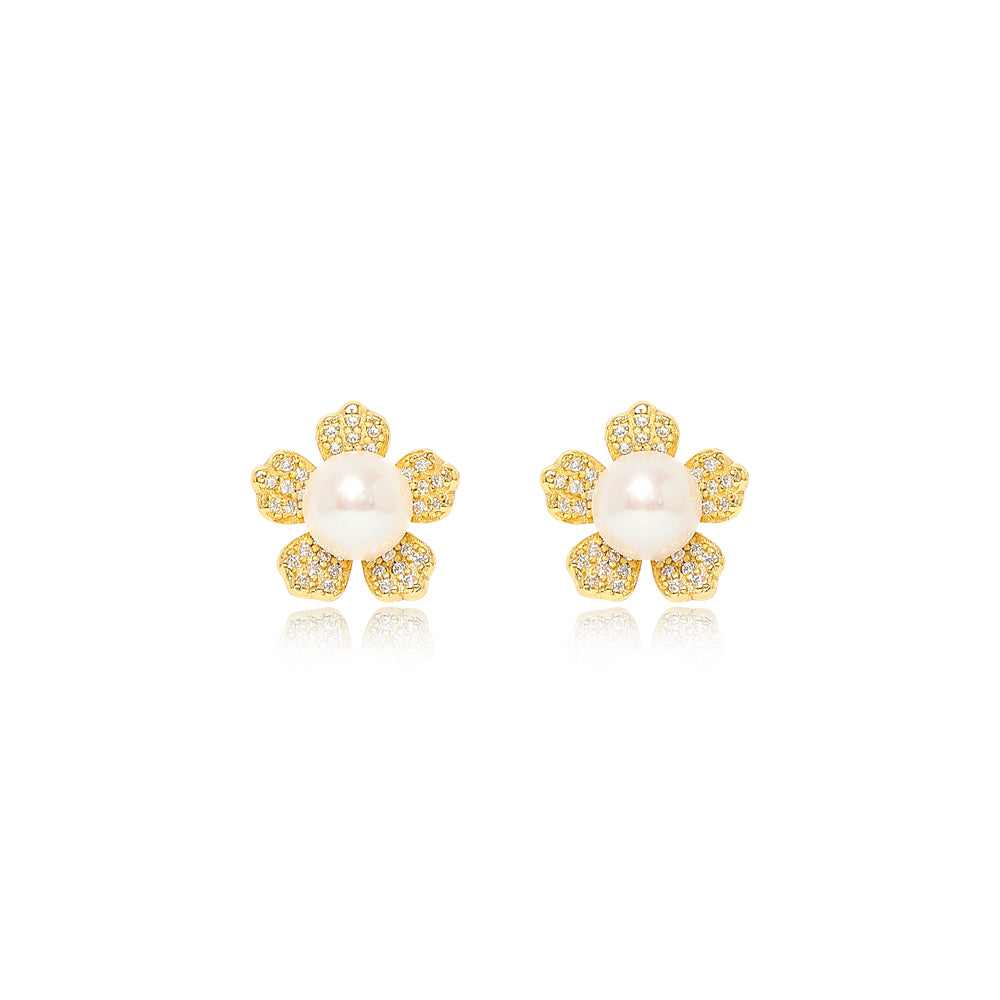 Flower Gold Pearl Earrings
