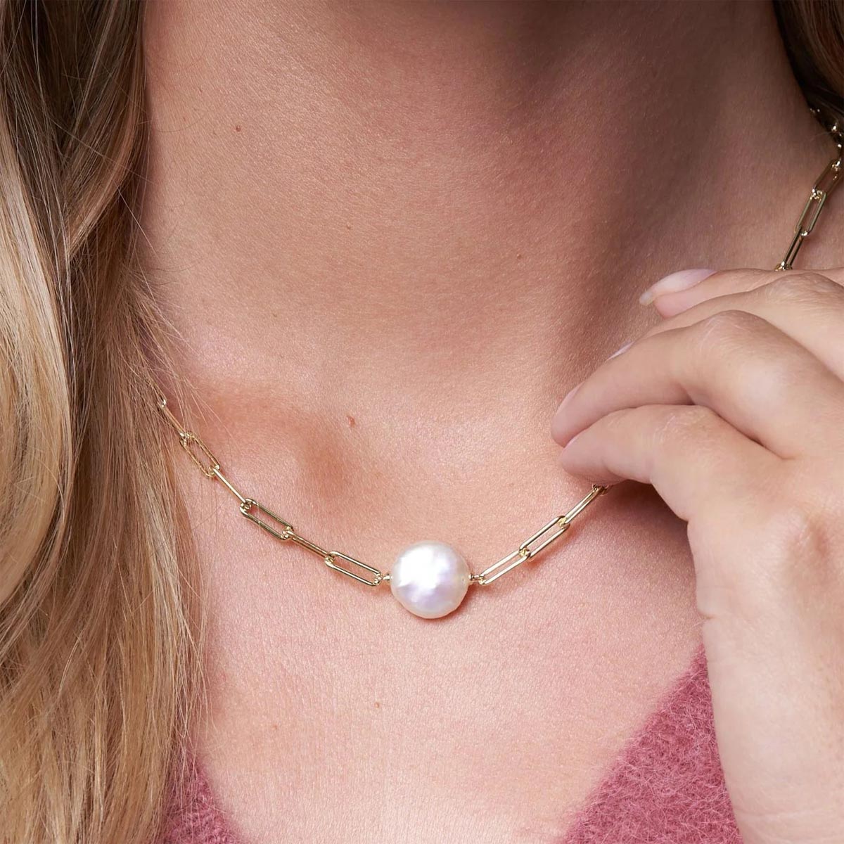 Credo Gold Link Chain & Cultured Freshwater Coin Pearl Necklace