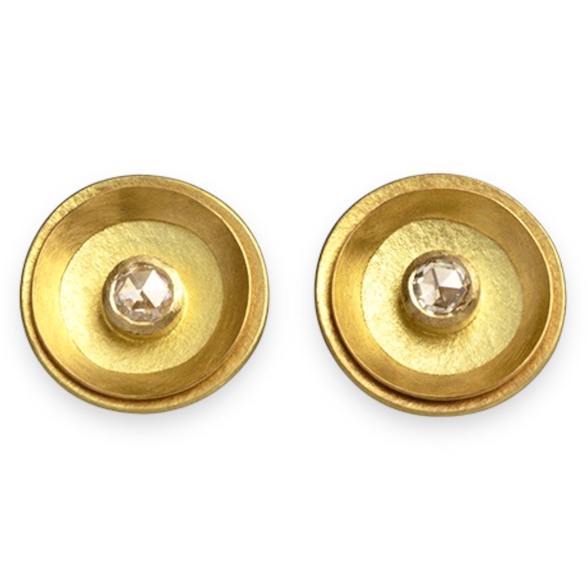 18 Carat Gold Round Studs With 22 Carat Gold Inner Circle & White Rose-Cut Diamonds