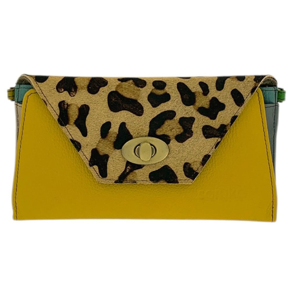 Mustard & Animal Print Leather Wallet Clutch